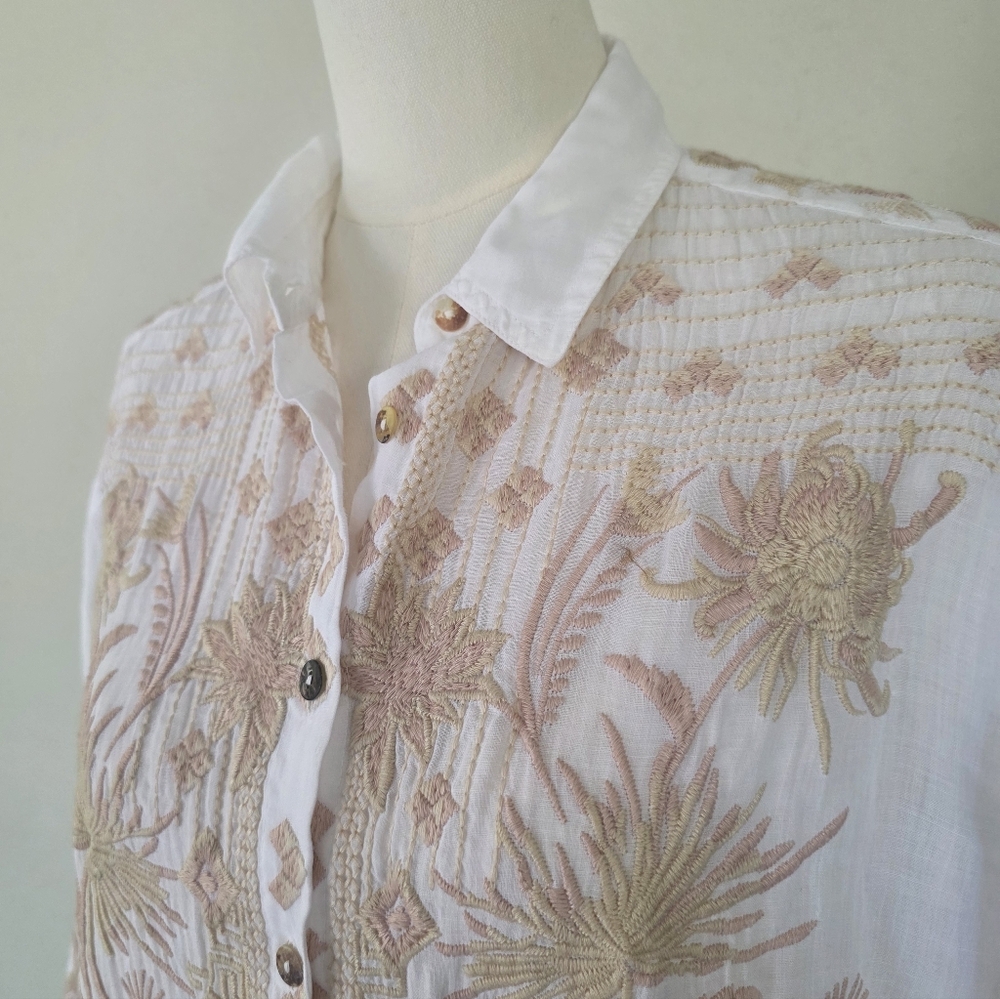 Johnny Was Talia Embroidered Ramie Blouse White Tonal Boho Bell Sleeve S - Picture 13 of 16
